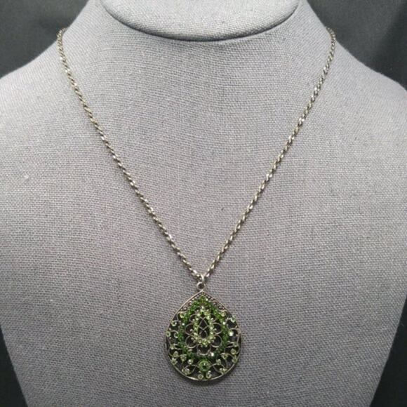 Anne Koplik Designs Necklace, Light Dark Green Rhinestone Teardrop Pendant, 18" - Picture 5 of 10